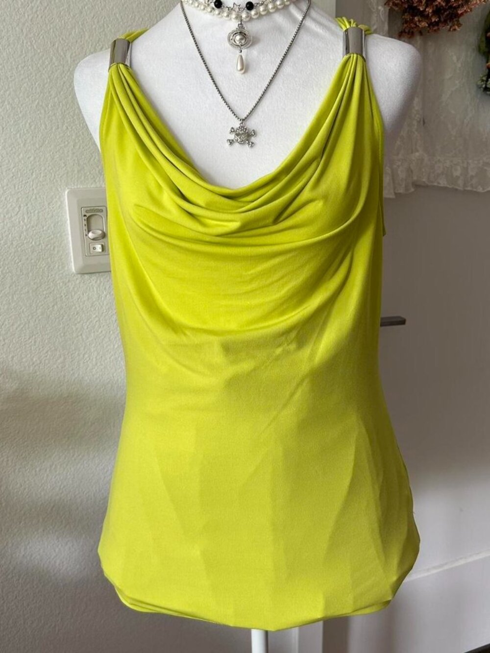 Y2K Nine West Yellow-Green Cowl Neck Tank Top